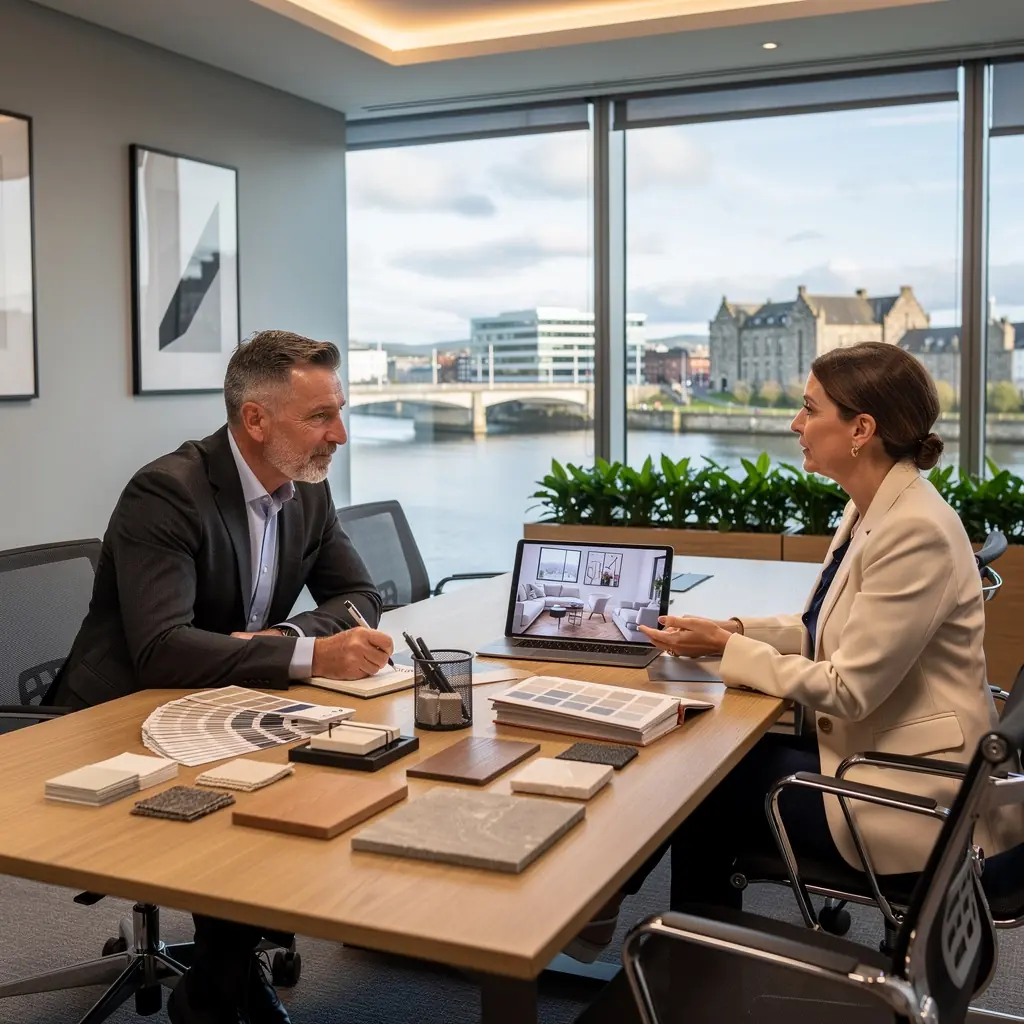 An interior design showcasing harmonious materials that reflect the company’s identity through thoughtful decor.